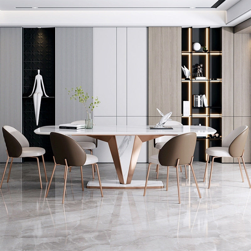 Modern Sintered Stone Dining Table Set 1/2/3/5/7 Pieces Dining Set with Pedestal Base 7 Pieces: Table, 6 Chairs Clearhalo 'Dining Room Sets' 'Dining Tables & Seating' 'dining_room_set' 'furn' 'furn_dining_room_set' 'Furniture' 'Kitchen & Dining Furniture' 5812244