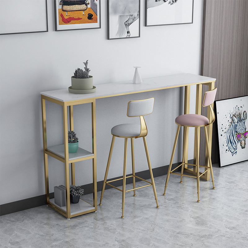 White Stone Top Pub Table with Storage Glam Bistro Table for Living Room