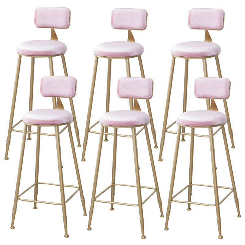 Scandinavian Footrest Bar Stools Fabric Round Seat Barstool with 4 Gold Iron Legs Pink 6 Piece Set Clearhalo 'Bar Furniture' 'Bar Stools' 'bar_stools' 'furn' 'furn_bar_stools' 'Furniture' 'Kitchen & Dining Furniture' 5816320