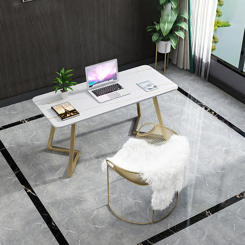 Glam Office Desk Rectangular Marble Writing Desk with Metal Legs White-Gold Clearhalo 'furn' 'furn_office_desk' 'Furniture' 'Office Desks' 'Office Furniture' 'office_desk' 5818527