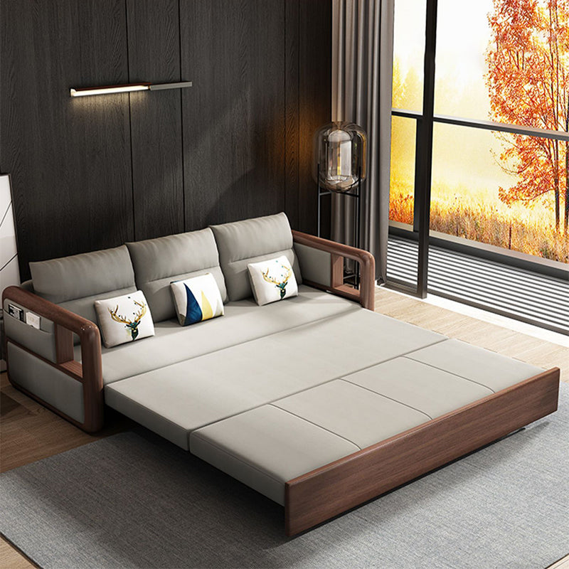 Fabric Sewn Pillow Back Sofa Round Arm Sofa Bed in Walnut Finish