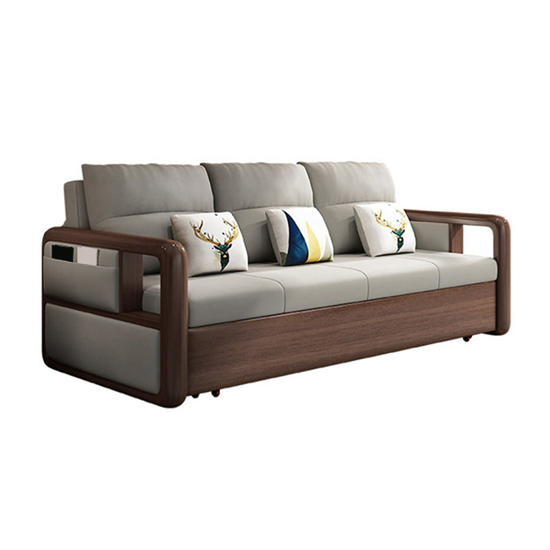 Fabric Sewn Pillow Back Sofa Round Arm Sofa Bed in Walnut Finish
