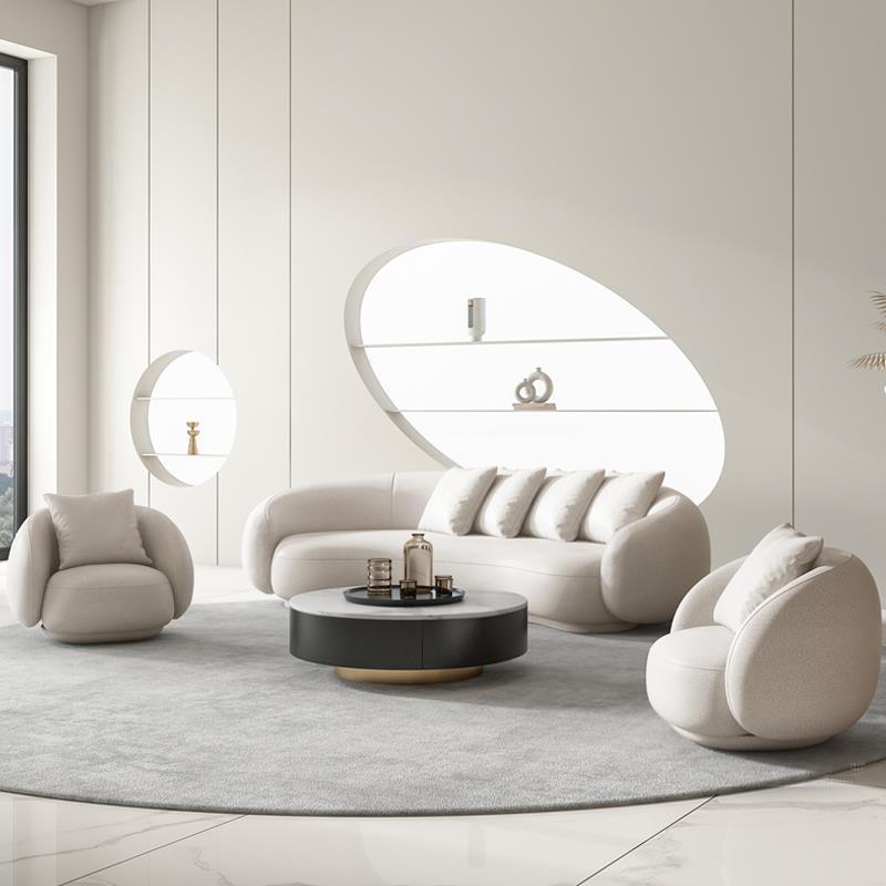 Sofá de brazo inclinado contemporáneo 25.6 "H Sofá de lana trasera curva en cremosa