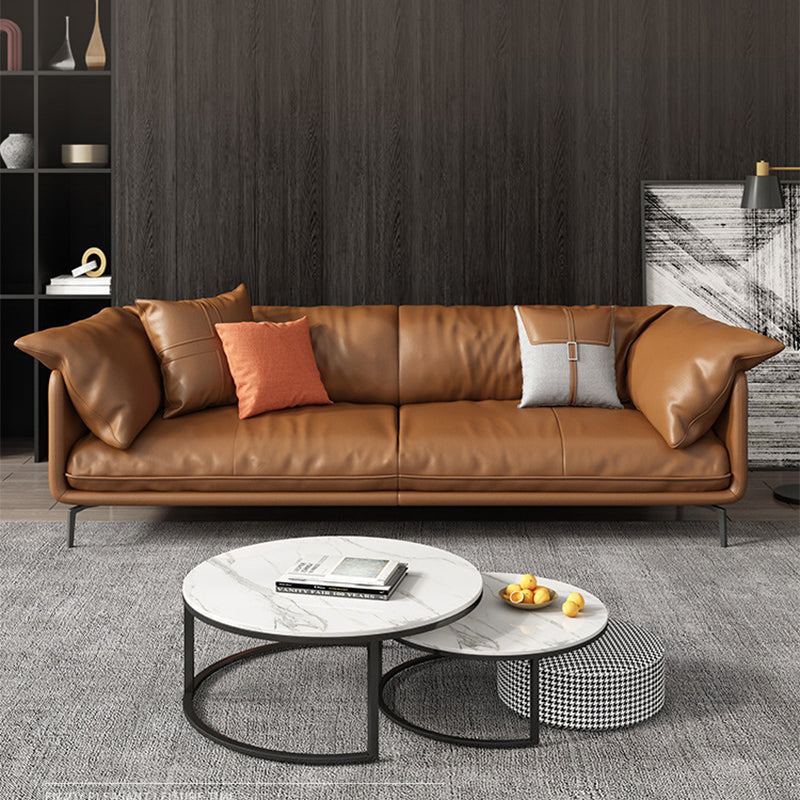 Pillow Top Arm Sofa Faux Leather Down Fill Cushions Sofa in Orange Clearhalo 'furn' 'furn_sofas' 'Furniture' 'Living Room Furniture' 'Sofa' 'sofas' 5822581