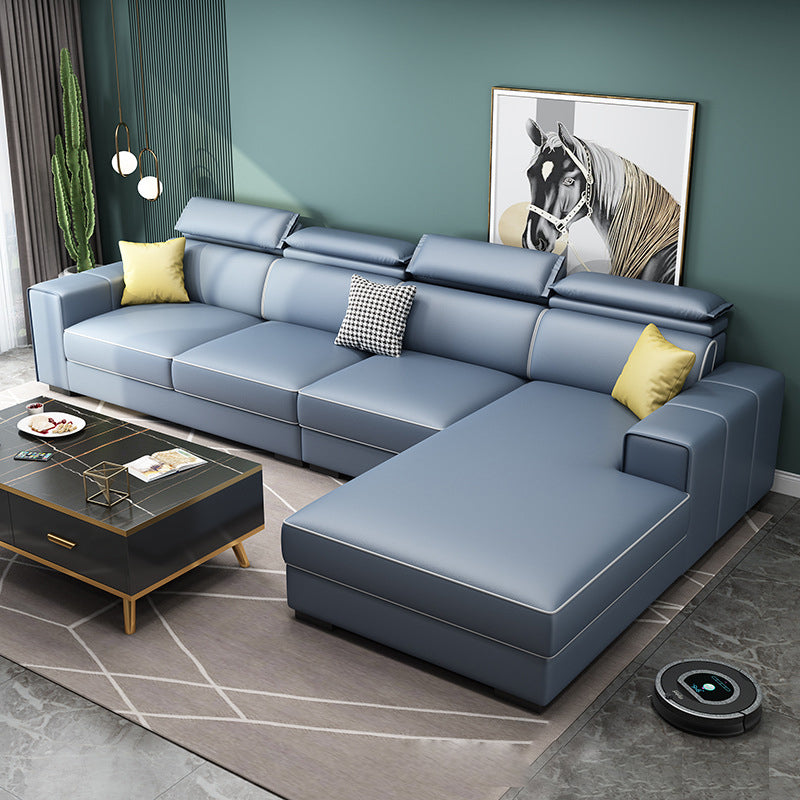 Adjustable Head Pillow Sectional with Square Arm,Faux Leather 4-Seater Sectional Blue Right Clearhalo 'furn' 'furn_sectionals' 'Furniture' 'Living Room Furniture' 'Sectionals' 5822732