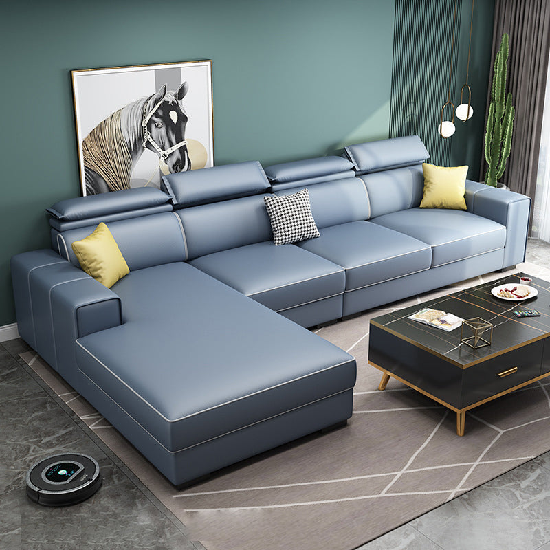 Adjustable Head Pillow Sectional with Square Arm,Faux Leather 4-Seater Sectional Blue Left Clearhalo 'furn' 'furn_sectionals' 'Furniture' 'Living Room Furniture' 'Sectionals' 5822733