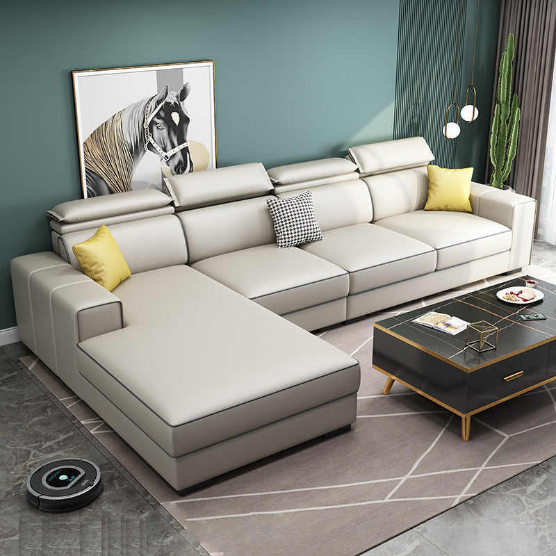 Adjustable Head Pillow Sectional with Square Arm,Faux Leather 4-Seater Sectional Off-White Left Clearhalo 'furn' 'furn_sectionals' 'Furniture' 'Living Room Furniture' 'Sectionals' 5822737