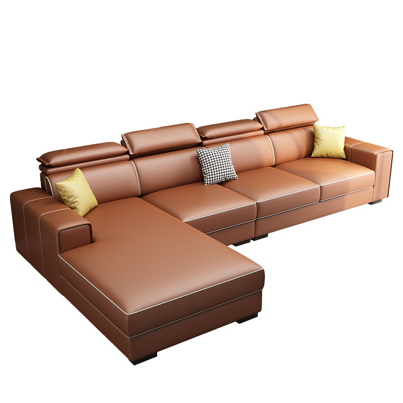 Adjustable Head Pillow Sectional with Square Arm,Faux Leather 4-Seater Sectional Orange Left Clearhalo 'furn' 'furn_sectionals' 'Furniture' 'Living Room Furniture' 'Sectionals' 5822744