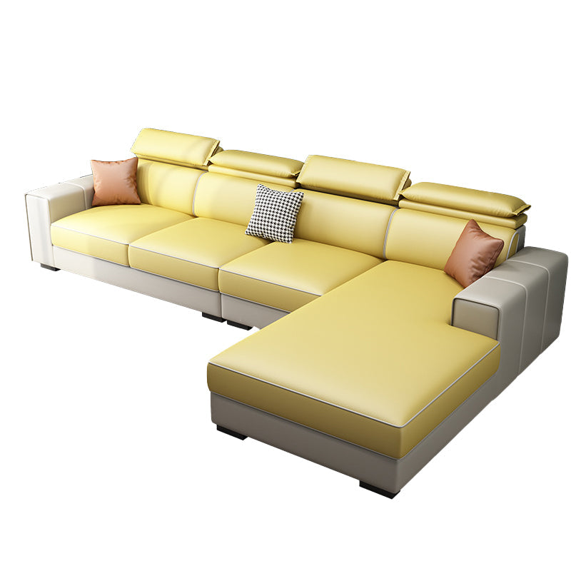 Adjustable Head Pillow Sectional with Square Arm,Faux Leather 4-Seater Sectional Yellow Right Clearhalo 'furn' 'furn_sectionals' 'Furniture' 'Living Room Furniture' 'Sectionals' 5822752