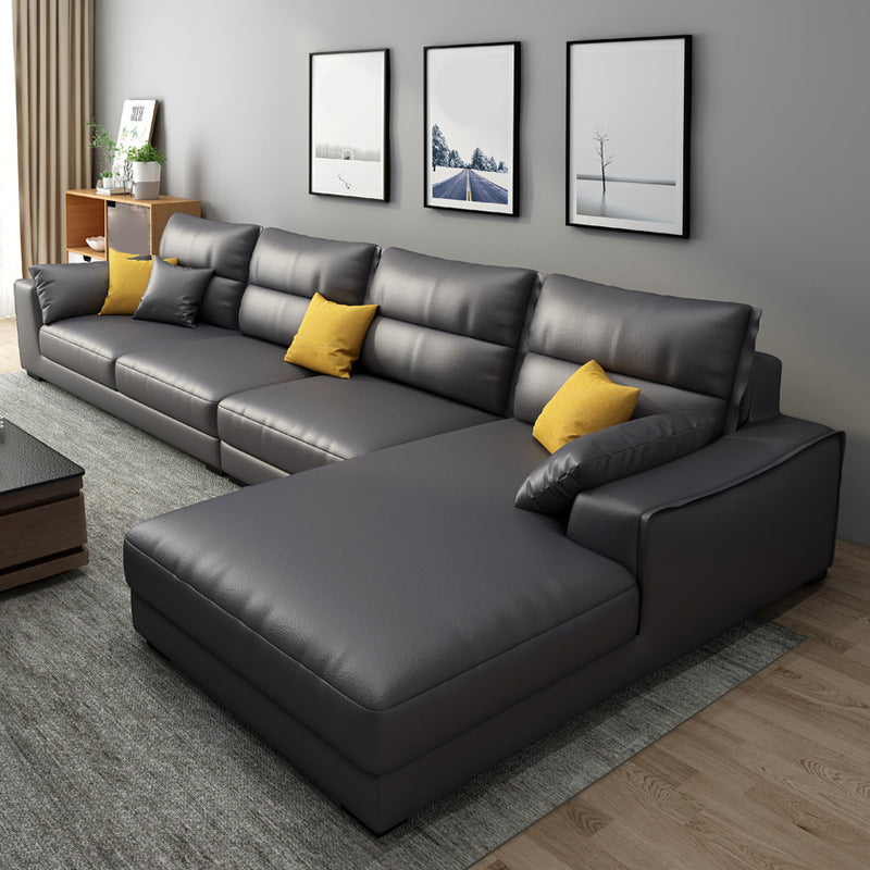 Faux Leather Sectional with 4 Pillows Back and Square Arm for Living Room