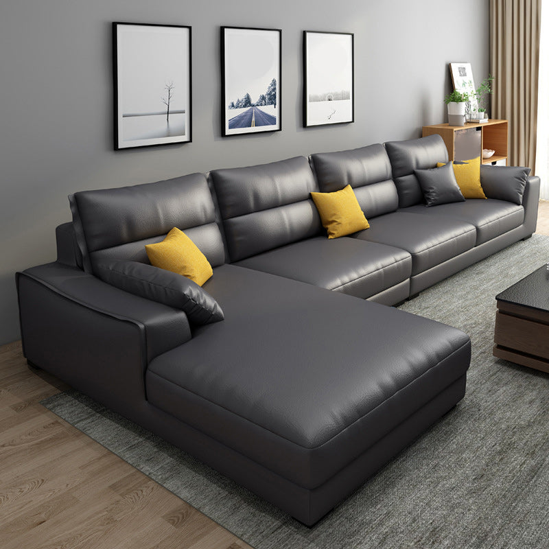 Faux Leather Sectional with 4 Pillows Back and Square Arm for Living Room