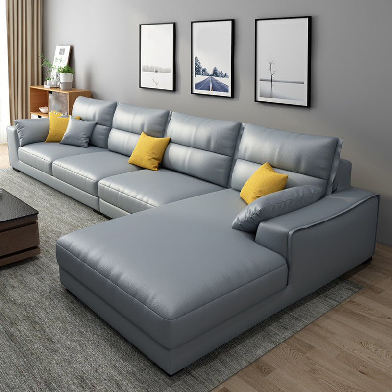 Faux Leather Sectional with 4 Pillows Back and Square Arm for Living Room