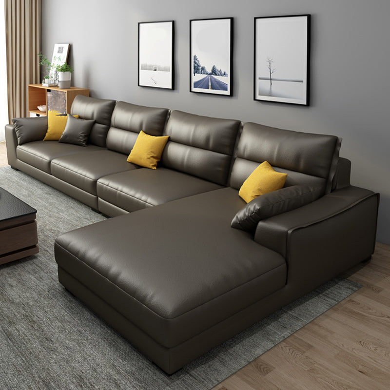 Faux Leather Sectional with 4 Pillows Back and Square Arm for Living Room