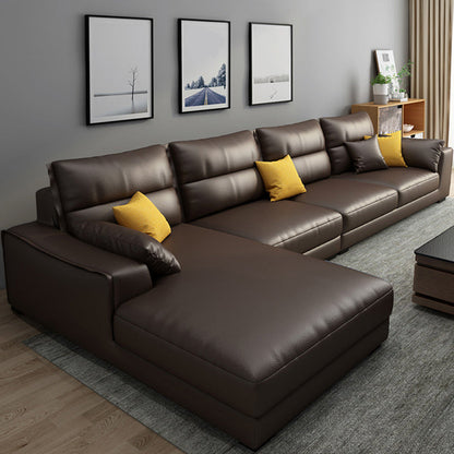 Faux Leather Sectional with 4 Pillows Back and Square Arm for Living Room