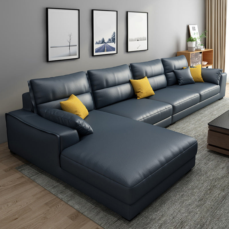 Faux Leather Sectional with 4 Pillows Back and Square Arm for Living Room