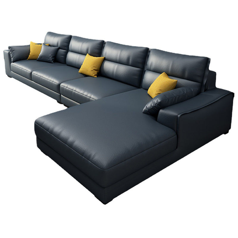 Faux Leather Sectional with 4 Pillows Back and Square Arm for Living Room