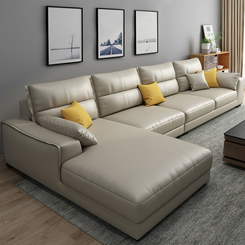 Faux Leather Sectional with 4 Pillows Back and Square Arm for Living Room