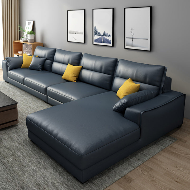 Faux Leather Sectional with 4 Pillows Back and Square Arm for Living Room