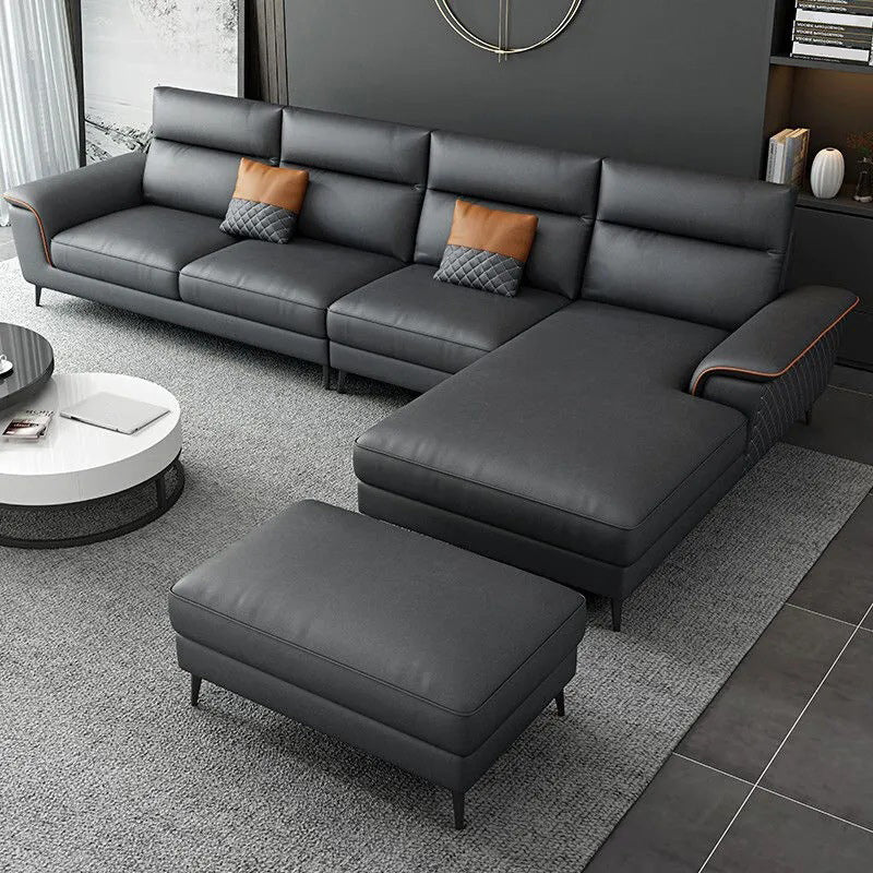 Modern 4-Seater Pillow Top Arm Sofa Faux Leather Sofa with Chaise - 129.9" W Clearhalo 'furn' 'furn_sectionals' 'Furniture' 'Living Room Furniture' 'Sectionals' 5823065