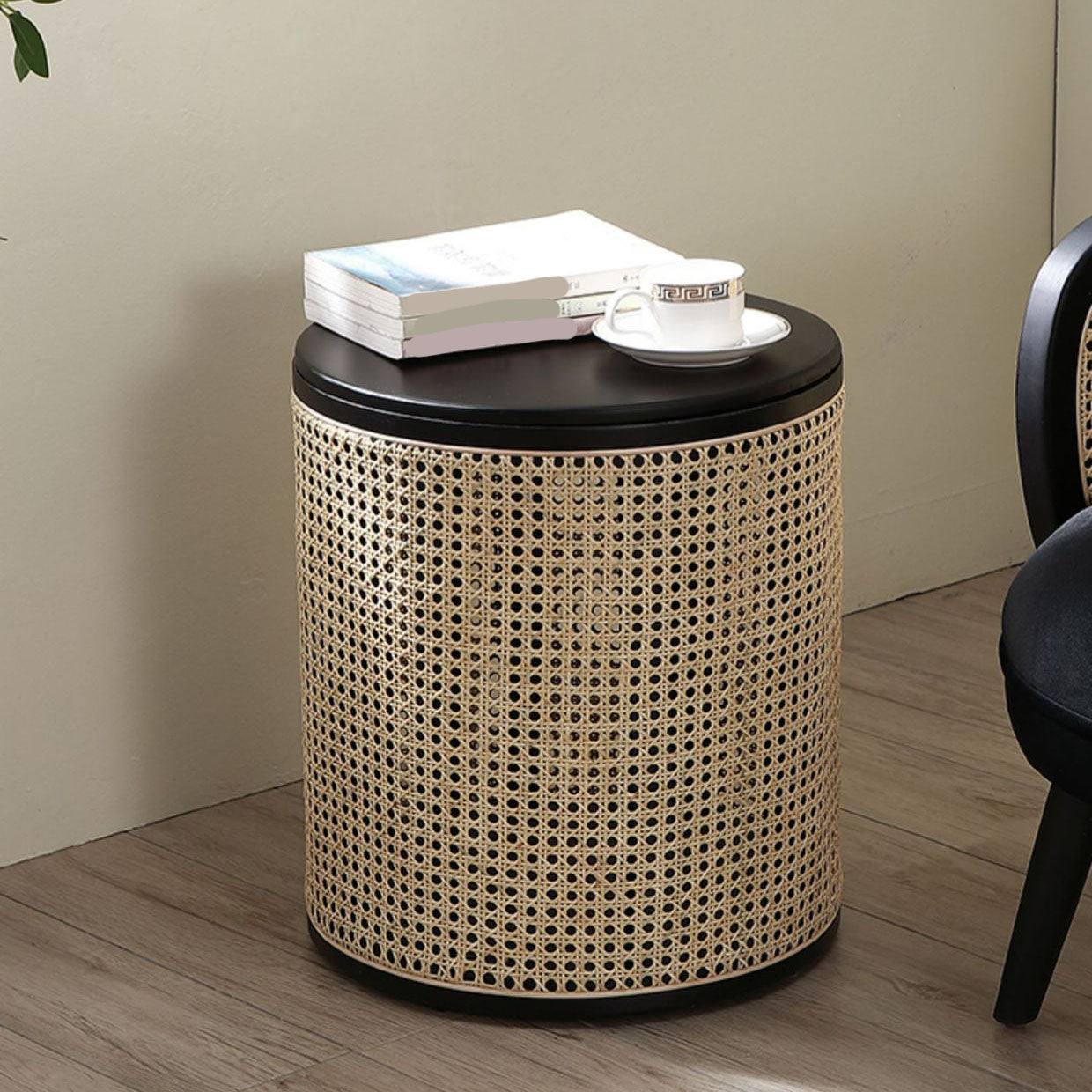 17.7" Tall Solid Wood Round Top Side Table Drum Base End Table with Storage