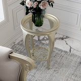 Table d'appoint en verre rond de 25,6 "de haut en bois à 4 jambes table de bout avec étagère