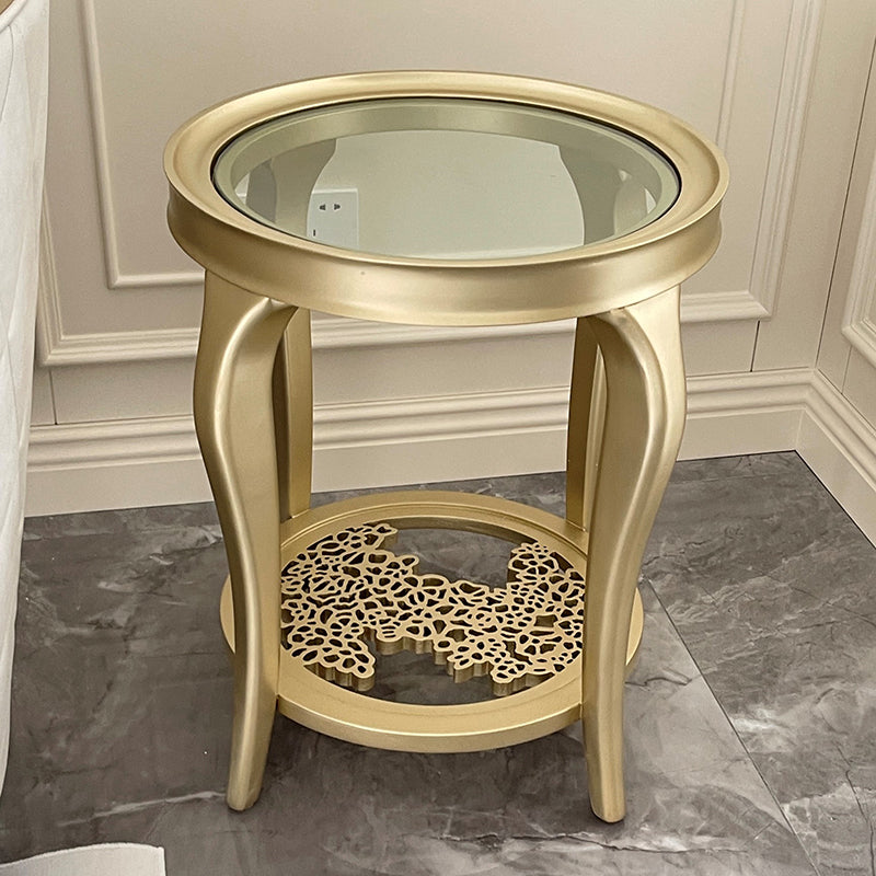 Table d'appoint en verre rond de 25,6 "de haut en bois à 4 jambes table de bout avec étagère