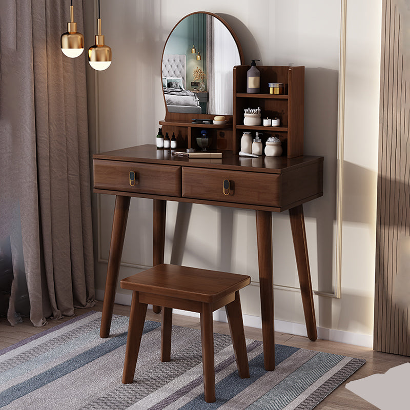 2-Drawers Mirror Table Dressing Table Solid Wood Make-up Vanity Makeup Vanity & Mirror & Stools Walnut Clearhalo 'Bedroom Furniture' 'furn' 'furn_makeup_vanities' 'Furniture' 'Makeup Vanities' 'makeup_vanities' 5827797