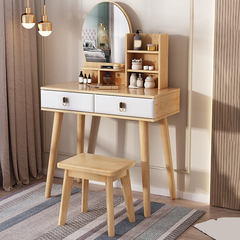 2-Drawers Mirror Table Dressing Table Solid Wood Make-up Vanity Makeup Vanity & Mirror & Stools Natural Wood White Clearhalo 'Bedroom Furniture' 'furn' 'furn_makeup_vanities' 'Furniture' 'Makeup Vanities' 'makeup_vanities' 5827798