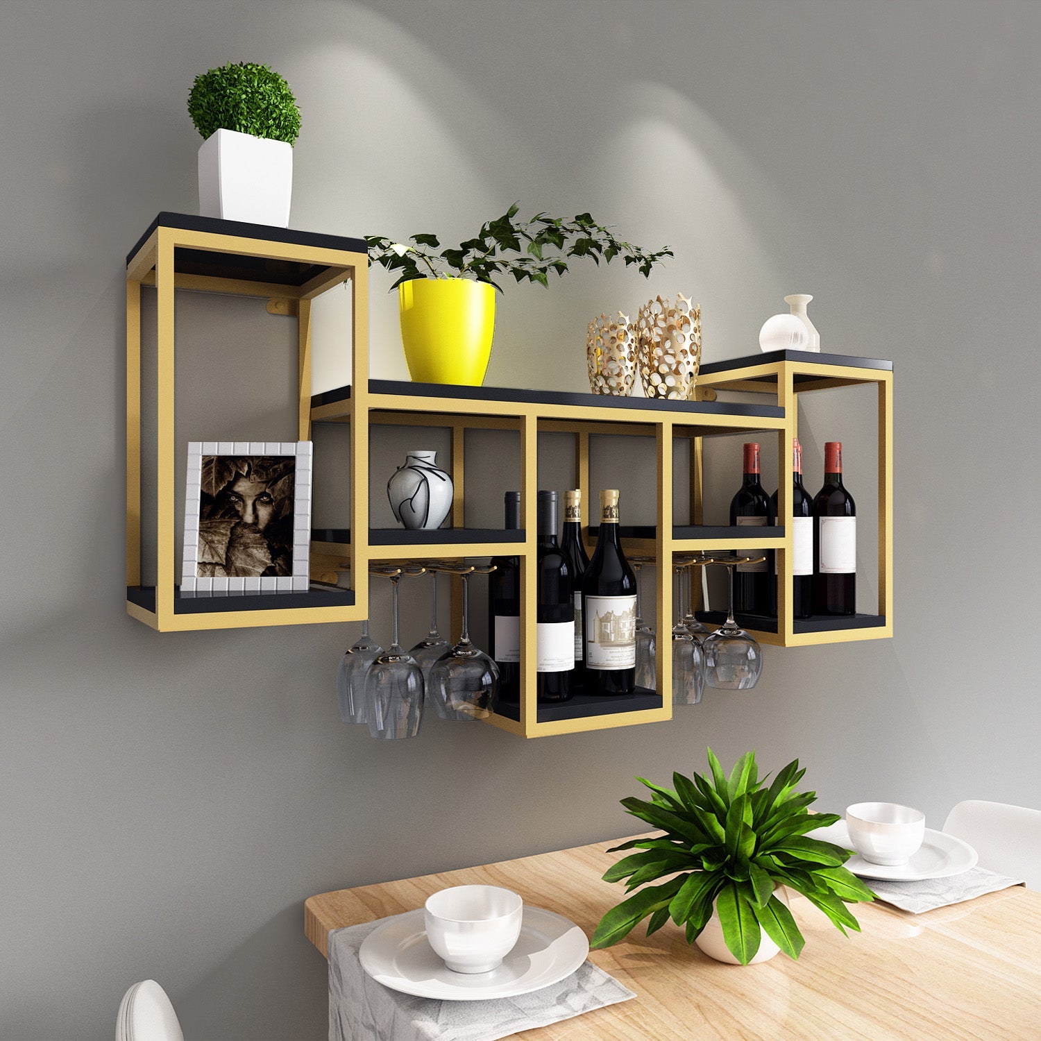 Wall Mounted Wine Holder Manufactured Wood Wine Holder Rack-41.7" X 7.87" X 23.6" Gold-Black 1 Piece Clearhalo 'furn' 'furn_wine_racks' 'Furniture' 'Kitchen & Dining Furniture' 'Wine Racks' 'wine_racks' 5828408