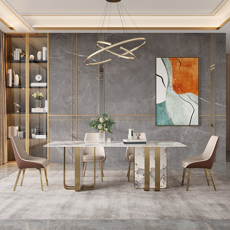 Glam Dining Table Set 1/2/3/5/7 Pcs Sintered Stone Dining Table with Upholstered Chairs 5 Pieces: Table, 4 Chairs Clearhalo 'Dining Room Sets' 'Dining Tables & Seating' 'dining_room_set' 'furn' 'furn_dining_room_set' 'Furniture' 'Kitchen & Dining Furniture' 5832915
