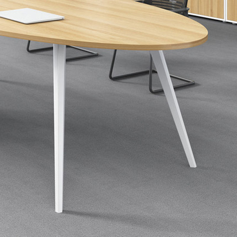 Oval Wooden Writing Desk Office Natural Desktop Desk with White Parsons Table Leg Clearhalo 'furn' 'furn_office_desk' 'Furniture' 'Office Desks' 'Office Furniture' 'office_desk' 5839174