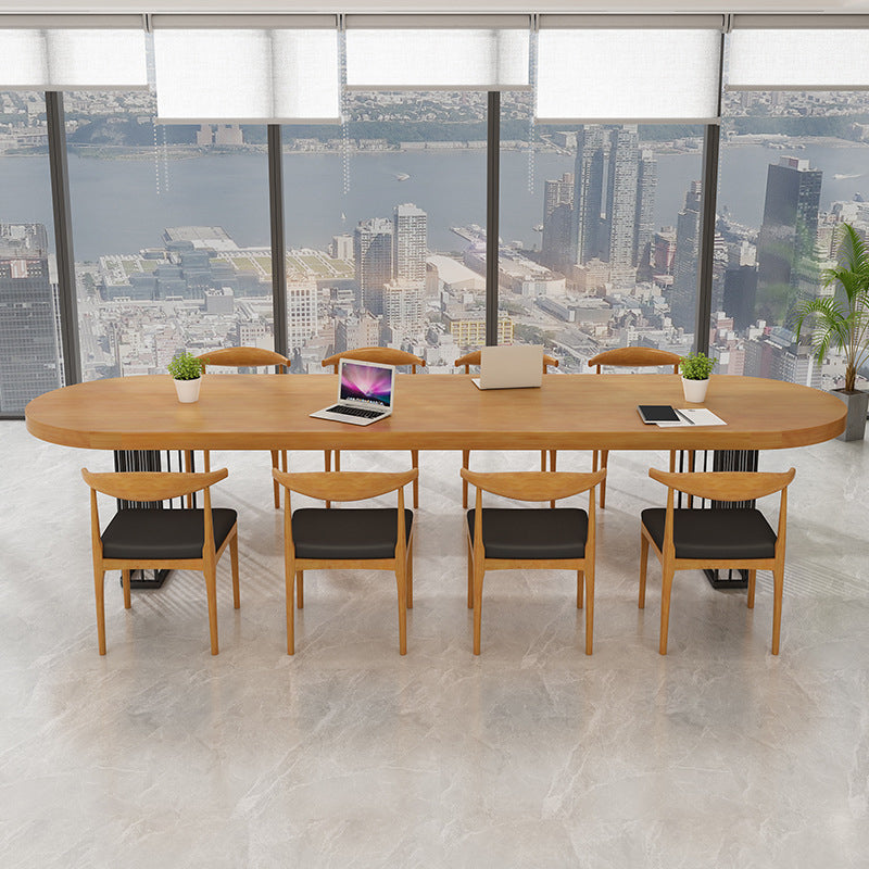 Natural Oval Solid Wood Desk Industrial Writing Desk with Black Steel Table Leg Clearhalo 'furn' 'furn_office_desk' 'Furniture' 'Office Desks' 'Office Furniture' 'office_desk' 5839183