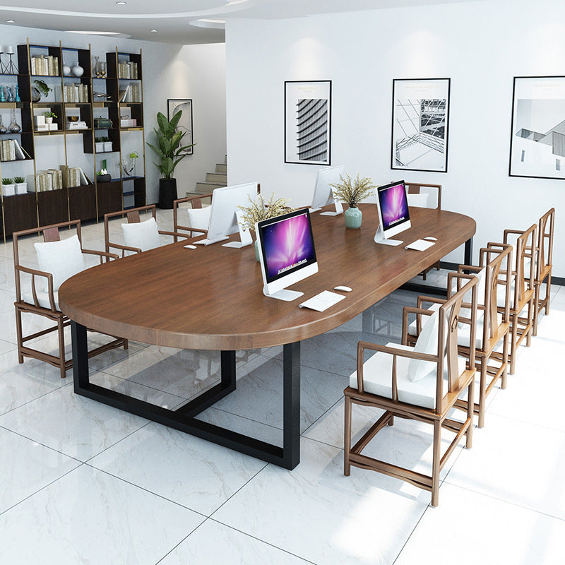 Industrial Oval Solid Wood Desk Brown Office Writing Desk Explain Chair Clearhalo 'furn' 'furn_office_desk' 'Furniture' 'Office Desks' 'Office Furniture' 'office_desk' 5839212