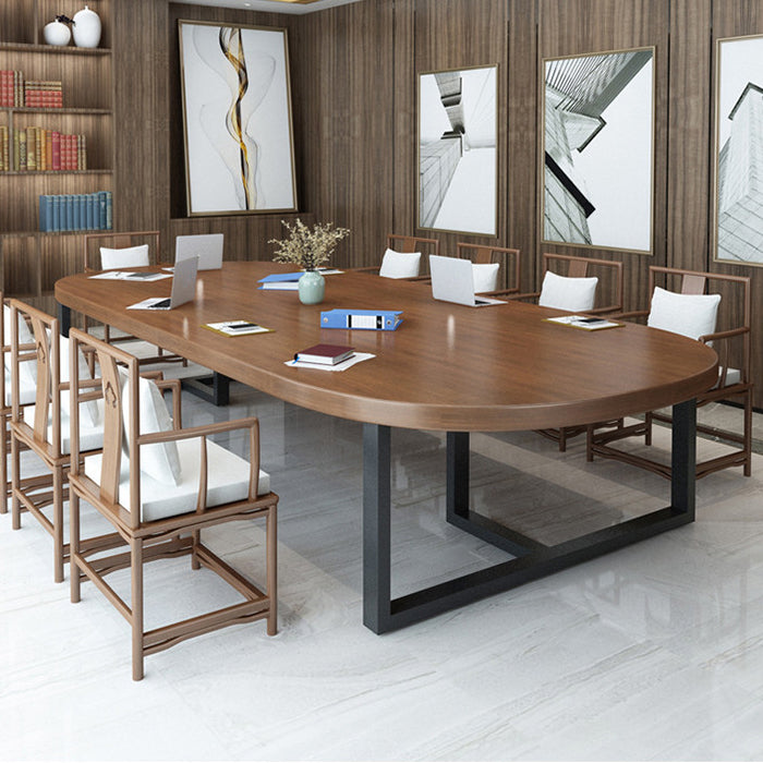 Industrial Oval Solid Wood Desk Brown Office Writing Desk Explain Chair Clearhalo 'furn' 'furn_office_desk' 'Furniture' 'Office Desks' 'Office Furniture' 'office_desk' 5839218