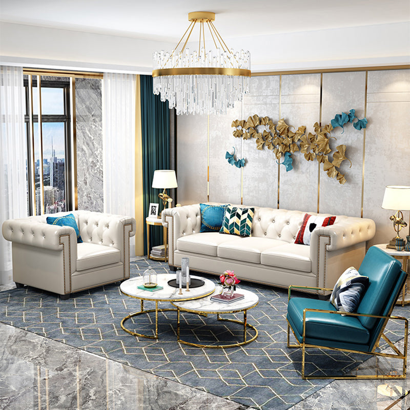 Tufted Rolled Arm Chesterfield Sofa Faux Leather Beige Cushions Sofa Clearhalo 'furn' 'furn_sofas' 'Furniture' 'Living Room Furniture' 'Sofa' 'sofas' 5842980