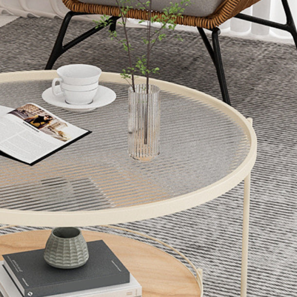 Modern Round Glass Top Cocktail Table with Wooden Shelf and Iron Base