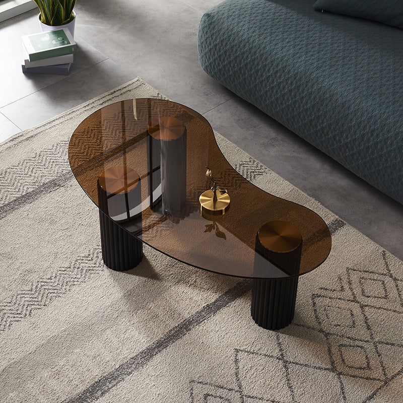 Free Form Glass Top Coffee Table with 3 Steel Legs Single Coffee Table Black Brown Clearhalo 'Coffee & Accent Tables' 'Coffee Tables' 'coffee_tables' 'furn' 'furn_coffee_tables' 'Furniture' 'Living Room Furniture' 5843510