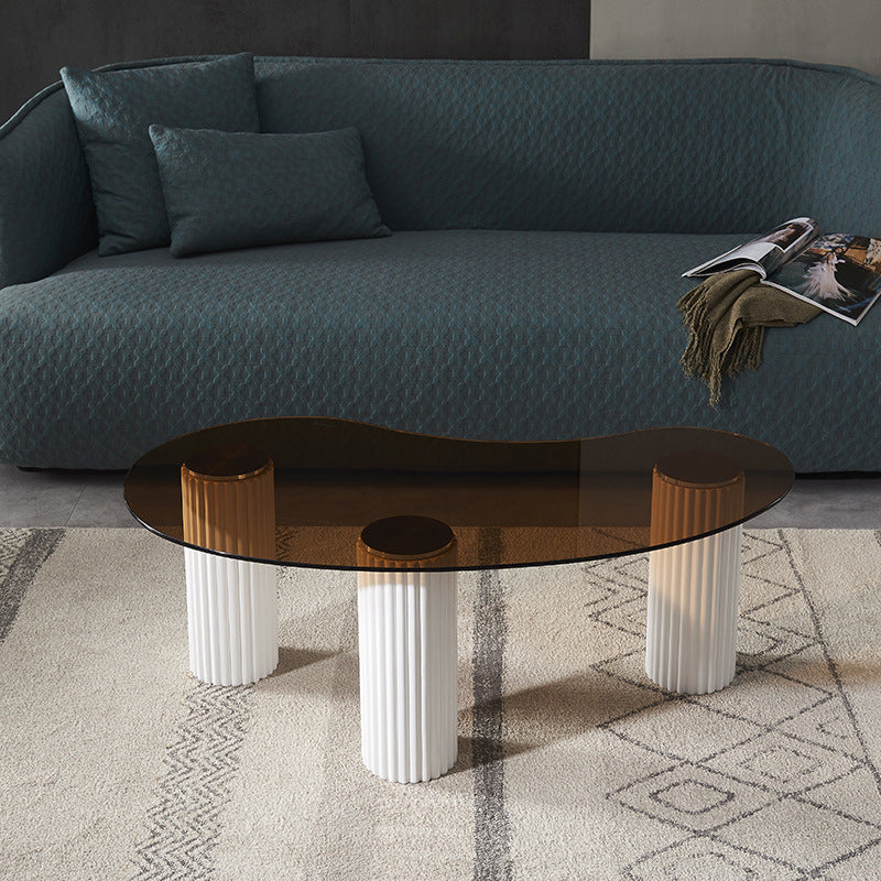 Free Form Glass Top Coffee Table with 3 Steel Legs Single Coffee Table White Brown Clearhalo 'Coffee & Accent Tables' 'Coffee Tables' 'coffee_tables' 'furn' 'furn_coffee_tables' 'Furniture' 'Living Room Furniture' 5843512