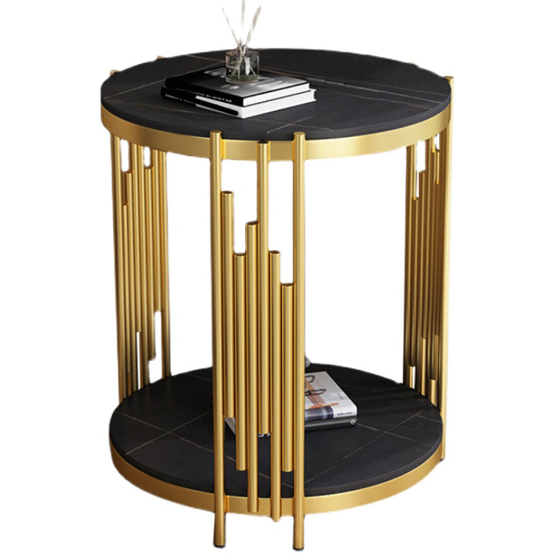 21.65" Tall Round Slate Top Side Table Iron Frame End Table with Shelf