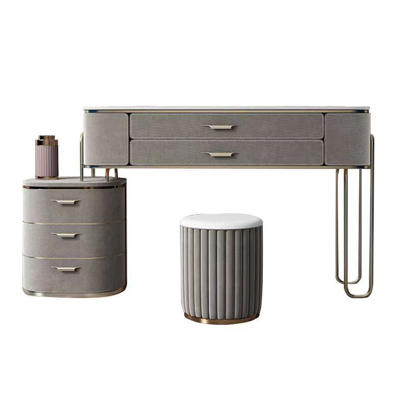 Gray Faux Leather Vanity 5 Drawers Vanity Set with Padded Stool