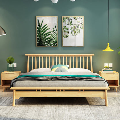 Scandinavian Spindle Headboard Bed with Open-Frame and Wooden Legs