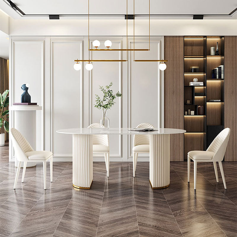 Traditional Luxury Dining Table White Stone Oval Dining Table for Home White 63"L x 31.5"W x 29.5"H Without Chairs Clearhalo 'Dining Tables & Seating' 'Dining Tables' 'dining_table' 'furn' 'furn_dining_table' 'Furniture' 'Kitchen & Dining Furniture' 5845438