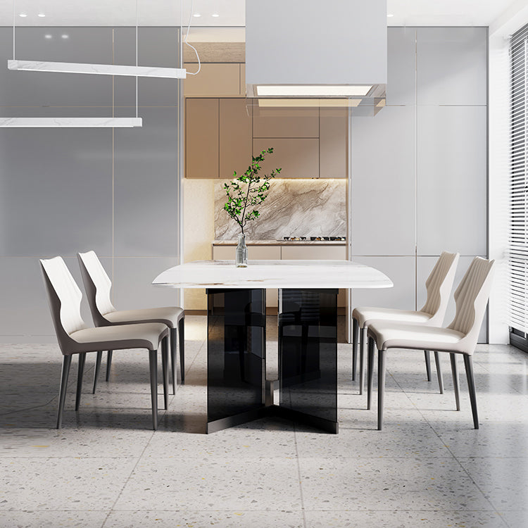 Glass Trestle Base Dining Table Modern Rectangle White Top Dining Room Table 86.6"L x 43.3"W x 29.5"H Without Chairs Clearhalo 'Dining Tables & Seating' 'Dining Tables' 'dining_table' 'furn' 'furn_dining_table' 'Furniture' 'Kitchen & Dining Furniture' 5845702
