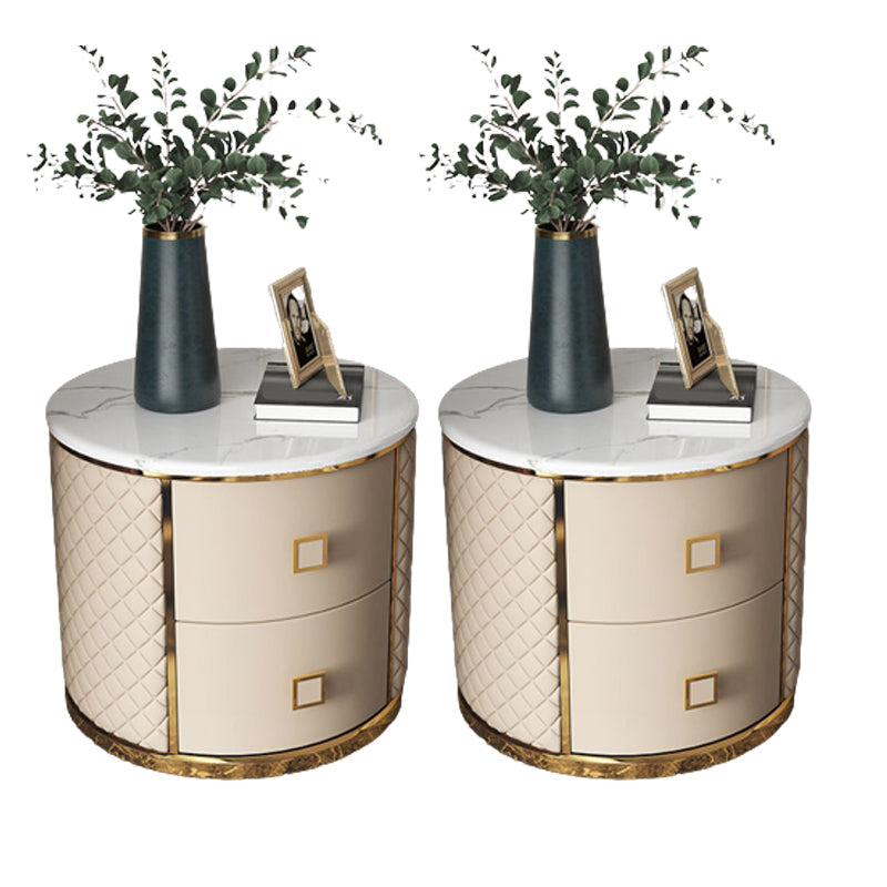 Round Accent Bedside Cabinet Solid Wood Accent Table Nightstand with 2 - Drawer Beige 2 Piece Set Clearhalo 'Bedroom Furniture' 'furn' 'furn_night_stand' 'Furniture' 'night_stand' 'Nightstands' 5849433
