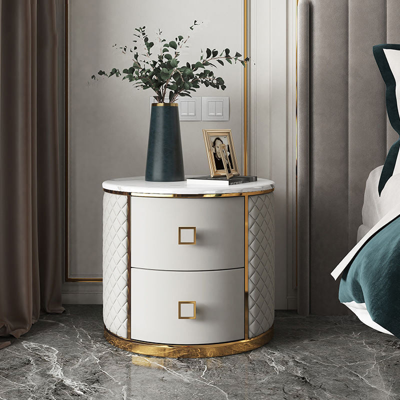 Round Accent Bedside Cabinet Solid Wood Accent Table Nightstand with 2 - Drawer Off-White 1 Piece Clearhalo 'Bedroom Furniture' 'furn' 'furn_night_stand' 'Furniture' 'night_stand' 'Nightstands' 5849434