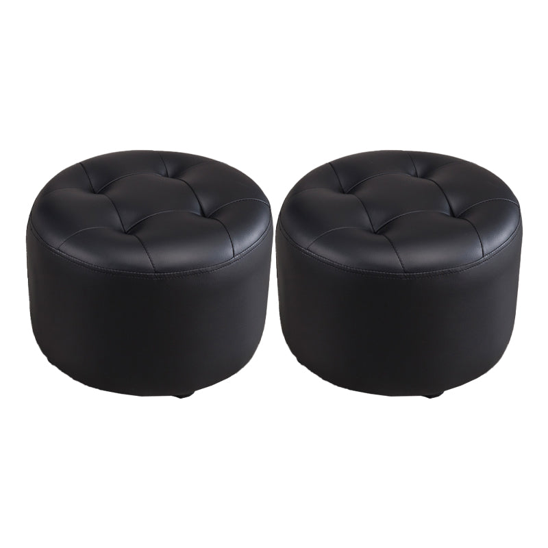 Modern Tufted Ottoman Water Resistant Genuine Leather Round Foot Stool Ottoman Black 2 Piece Set Clearhalo 'furn' 'furn_ottomans_poufs' 'Furniture' 'Living Room Furniture' 'Ottomans & Poufs' 'ottomans_poufs' 5851087