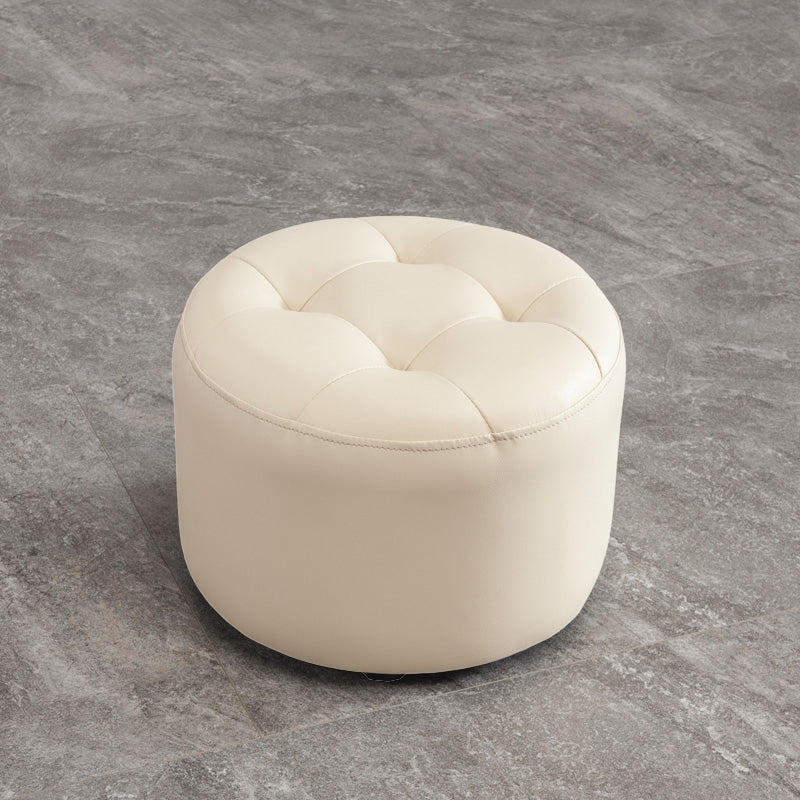 Modern Tufted Ottoman Water Resistant Genuine Leather Round Foot Stool Ottoman Off-White 1 Piece Clearhalo 'furn' 'furn_ottomans_poufs' 'Furniture' 'Living Room Furniture' 'Ottomans & Poufs' 'ottomans_poufs' 5851117