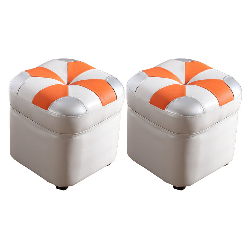 Modern Square Ottoman Contrast Panel Genuine Leather Indoor Footstool Ottoman