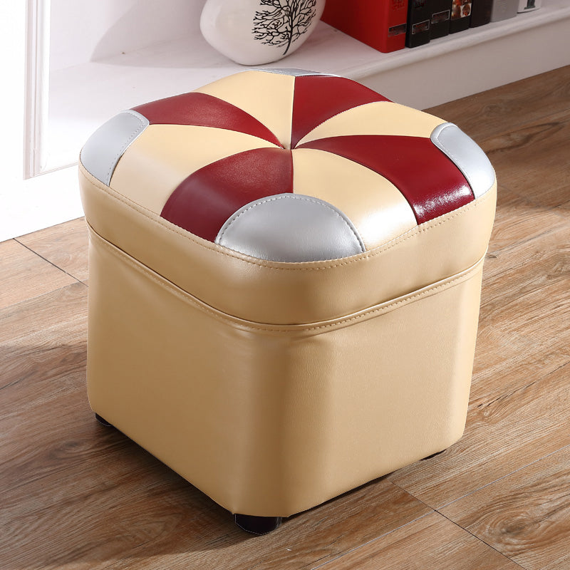 Modern Square Ottoman Contrast Panel Genuine Leather Indoor Footstool Ottoman