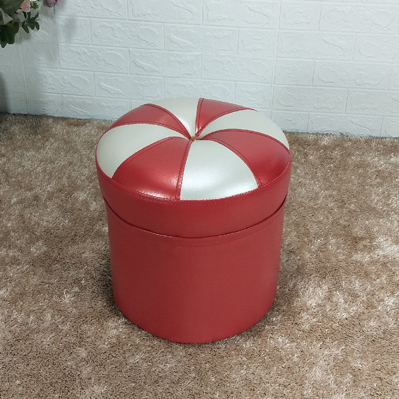 Minimalist Round Ottoman Contrast Panel Faux Leather Indoor Round Chair Ottoman Red 1 Piece Clearhalo 'furn' 'furn_ottomans_poufs' 'Furniture' 'Living Room Furniture' 'Ottomans & Poufs' 'ottomans_poufs' 5852370